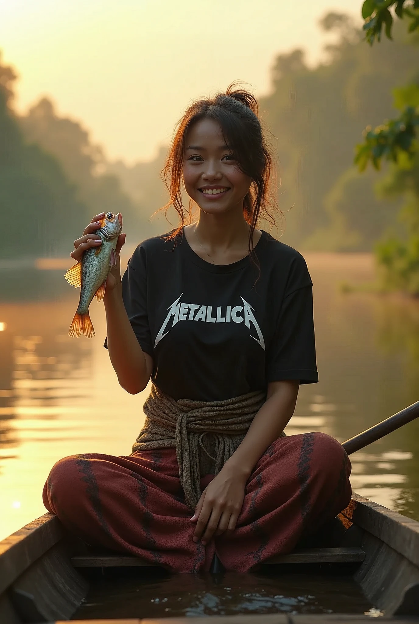 ( photorealism 1.2) photo realistic high detailed Malay adult women wear sarong messy hair at dugout canoe fishing at river smile cinematic view morning mode effect cinematography smoke effect sunlight silhouette one hand hold fish wearing black shirt wrote Metallica