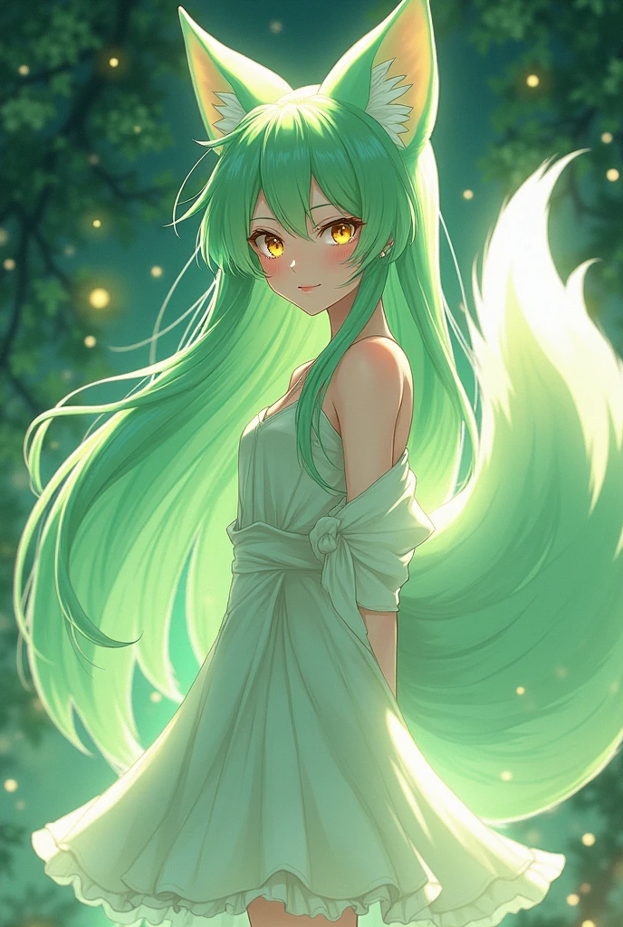 Nine-tailed fox light green anime girl