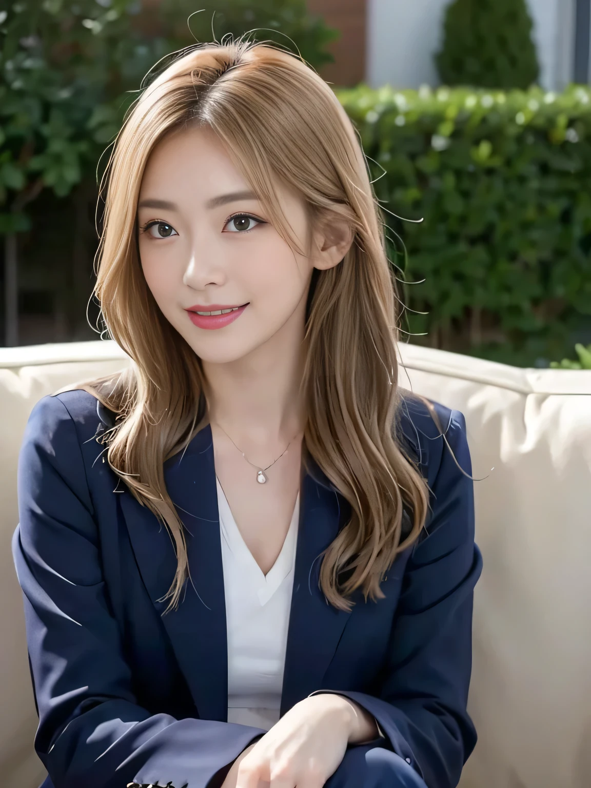 (8,000; Best Quality: 1.2), (Realistic, Realistic: 1.2), Lovely, Solo, Sky is Beautiful and Clear, Night, Moisture, Watching the Audience, (Sit: 1.6) Date, Mirai, (Nose Brush), (Smile: 1.15), Delicate eye (Deep Blonde: 1), Floating Hair Nova FrogStyle, Navy blue Suit Jacket, Burton T-shirt, Beige Pleats Skirt, Makeup, Lover's Smile, 40 years old, Beautiful (8,000, Yes, RAW Photo: 1.2, Random body orientation, 