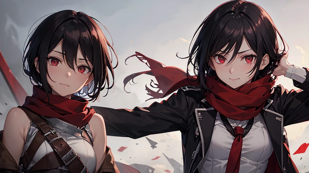 Ackerman Mikasa, Gray background, Grim outlook, Shining Eyes, Red scarf, Expressionless body lesbian, Wearing a brown jacket,Wear white underneath, Holds both blades downwards with both hands、smile