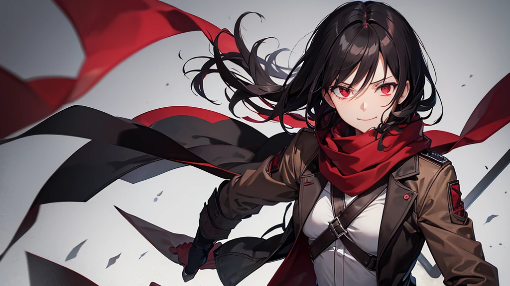 Ackerman Mikasa， Gray background， Grim outlook， Shining Eyes， Red scarf， Expressionless body ， Wearing a brown jacket，Wear white underneath， Holds both blades downwards with both hands、smile