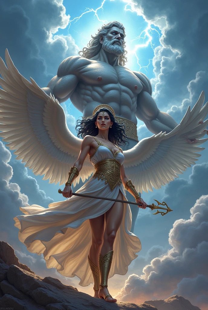 Athena, goddess with wings in the sky, thunder and trident in hand, at her side Zeus, god of Olympus. Both with dark hair and sky-blue eyes, imposing gods. 