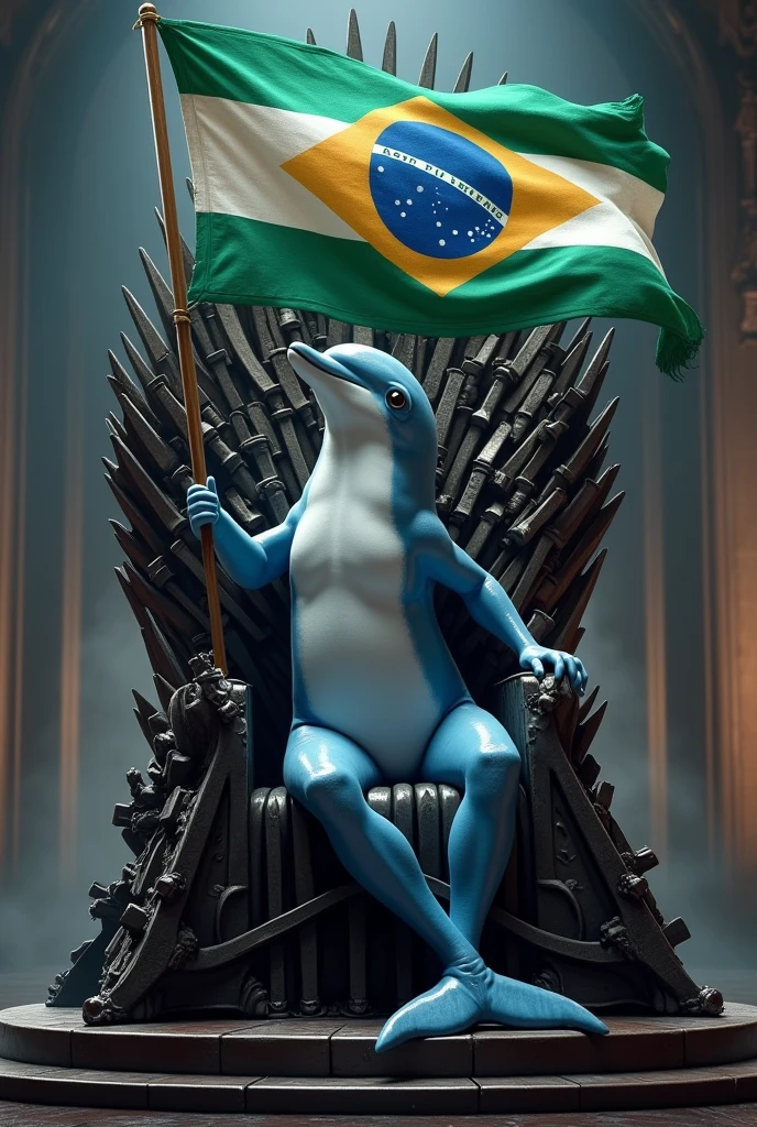 A dolphin sitting on the Game of Thrones throne, holding a Fluminense Football Club flag.