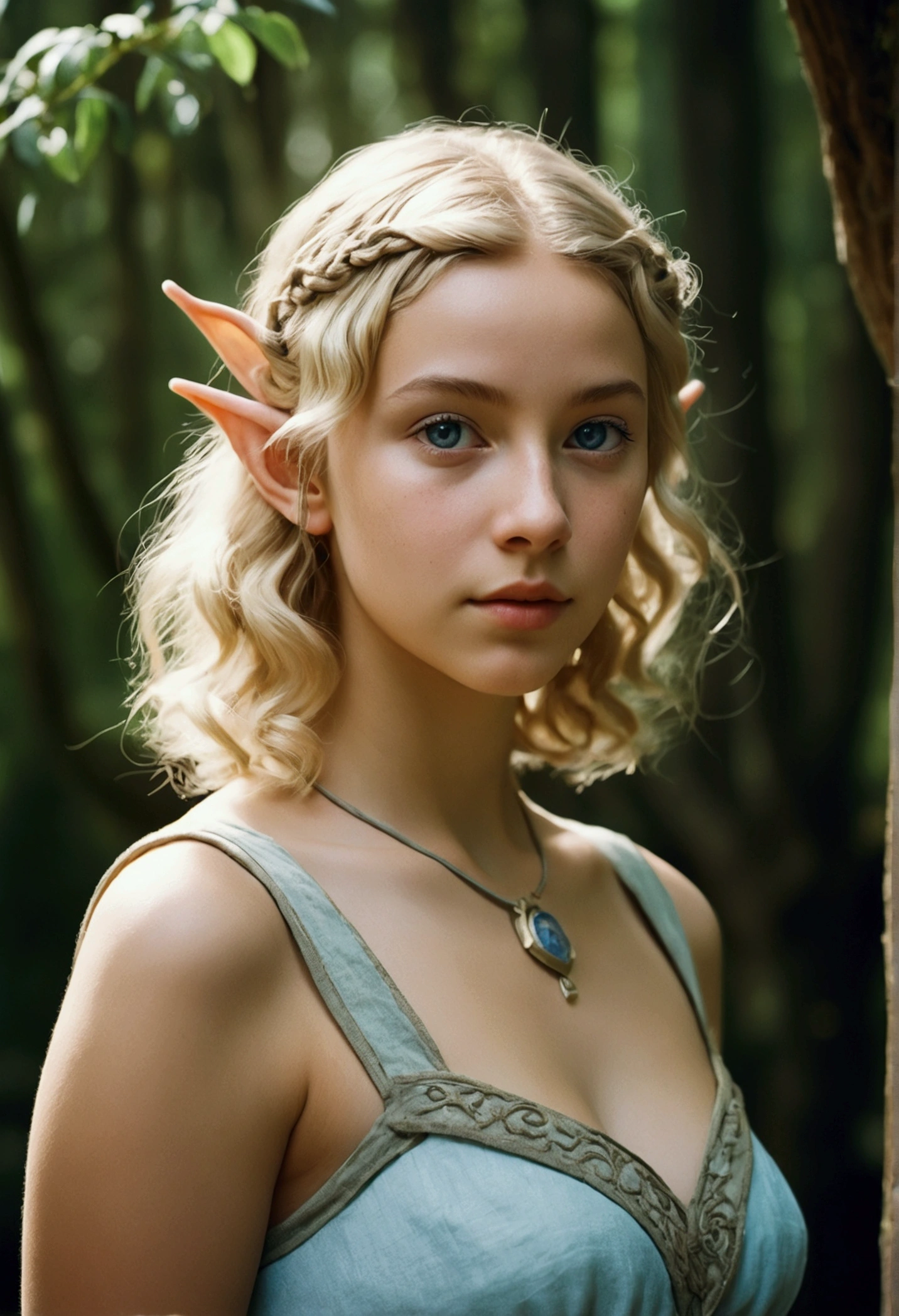 analog film photo, photo of a young elven girl, 18 years old, elf ears, azure eyes, curly blonde bob cut, tan complexion, Amazonian stature, voluptuous hourglass figure, busty bosom, narrow waist, full hips, big plump buttocks, wearing a linen sun dress, strolling through a sunny fantasy landscape, RAW Photograph, dslr, soft lighting, high quality, film grain, Fujifilm XT3, detailed skin with visible pores, insane details, masterpiece, 8k, 35mm photograph, dslr, kodachrome, faded film, desaturated, grainy, vintage, Lomography, stained, highly detailed, found footage, close-up shot, elven ears

