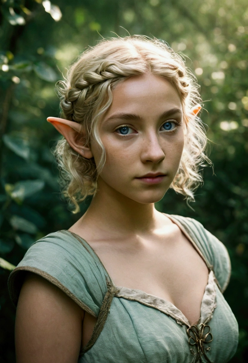 analog film photo, photo of a young elven girl, 18 years old, elf ears, azure eyes, curly blonde bob cut, tan complexion, Amazonian stature, voluptuous hourglass figure, busty bosom, narrow waist, full hips, big plump buttocks, wearing a linen sun dress, strolling through a sunny fantasy landscape, RAW Photograph, dslr, soft lighting, high quality, film grain, Fujifilm XT3, detailed skin with visible pores, insane details, masterpiece, 8k, 35mm photograph, dslr, kodachrome, faded film, desaturated, grainy, vintage, Lomography, stained, highly detailed, found footage, close-up shot, elven ears
