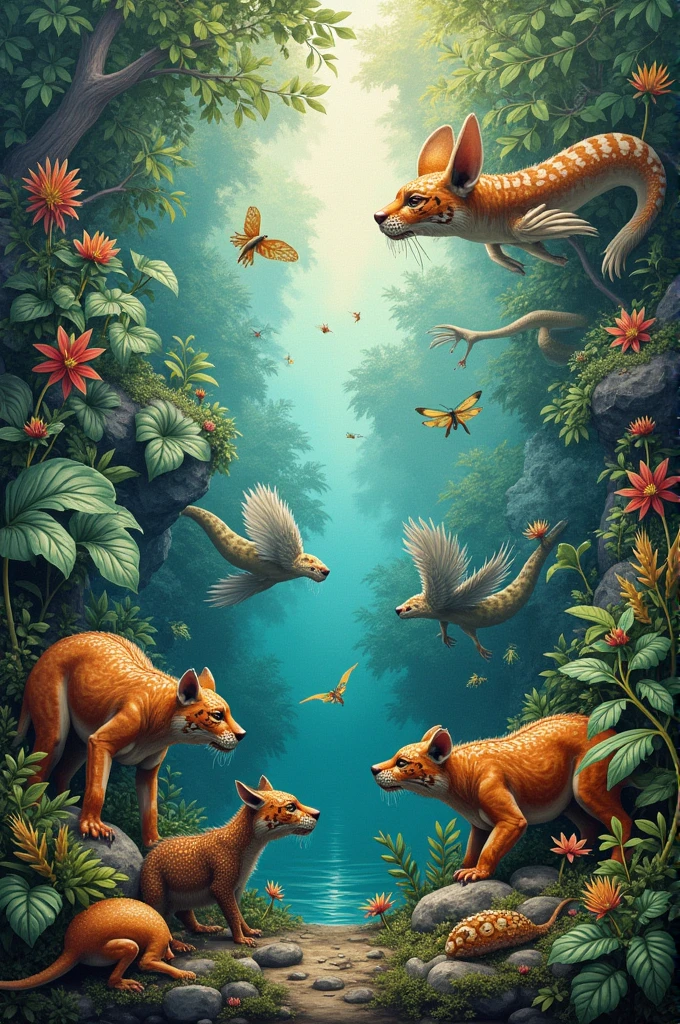 Create a mural illustrating examples of Predator-Prey relationships, Parasitism, commensalism, tenantism.