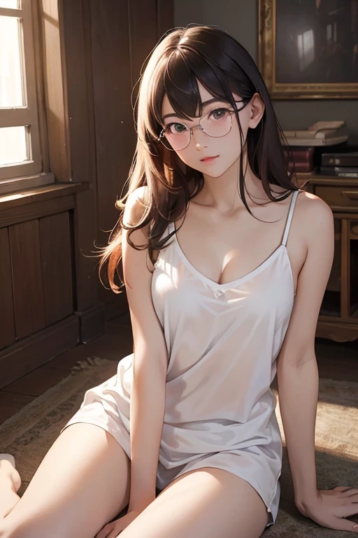 Highest quality、masterpiece、High sensitivity、High resolution、Detailed Description、Slender women、Glasses、White camisole、Sitting on the floor、A dimly lit pink room、