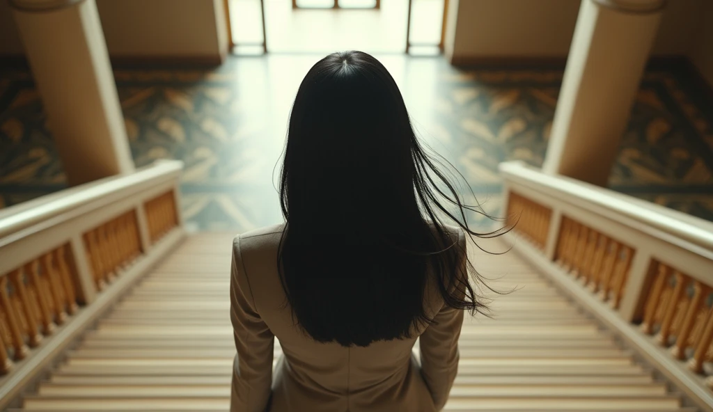 top view, a beautiful Korean woman with long black hair girl, wearing suit, going up stairs, in building, daylight, cinema style, real photo,