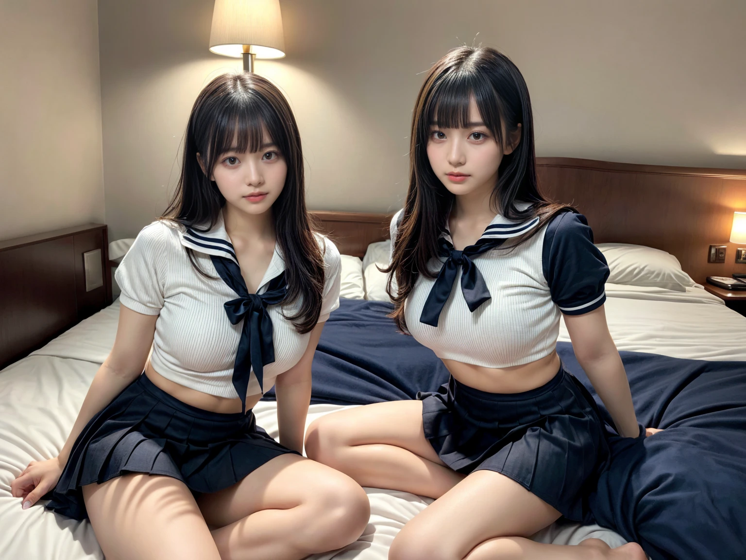 masterpiece, best quality, illustration, Super detailed, fine details, High resolution, 8K,wall paper, perfect dynamic composition,(Details High quality, realistic depiction of eyes:1.3), (3 girls), Black Sailor Uniform, serafuku, Navy pleated skirt, sitting, open legs, short bob hair, in a hotel room in the background, deep on field, large breasts, black hair color, Big Natural Color Lip, (perfect body shape), crying a little、Harajuku style、20 year old girl、cute type、beautiful legs, Gravure Idol