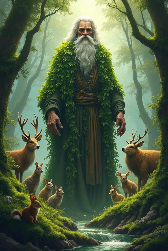 Create the legend of the forest father surrounded by animals