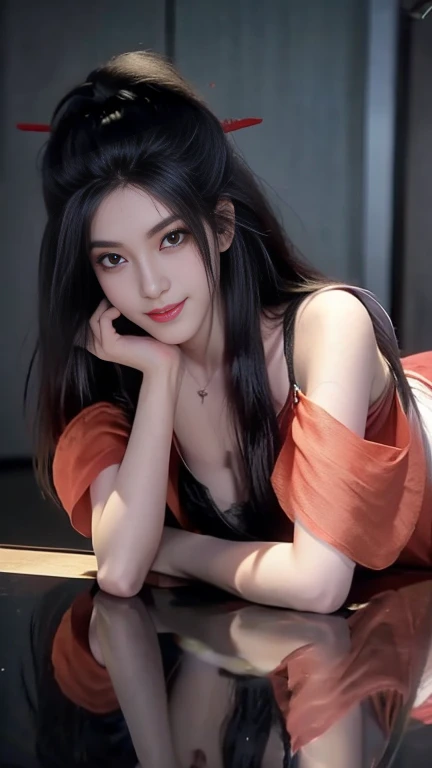 ((whole body)), 1 girl, Long hair, Red costume, （Transparent red silk）, Black Hair, Lie down, Mysterious smile, Slender eyes, Fascinating eyes, Extremely detailed photos of the goddess, Three long thin red hairpins, Elongated eyebrows, tall, Snow-white skin, Medium breasts, Leakage out of the breast, Very high color saturation, Off-shoulder, long legs, raised eyebrows, light smile, Barefoot, bare legs, Delicate face, Fluffy hair, Small mouth, Surrealism, ray tracing, reflection light, Fujicolor, retina, masterpiece, anatomically correct, high details, highres, 8k, super detail