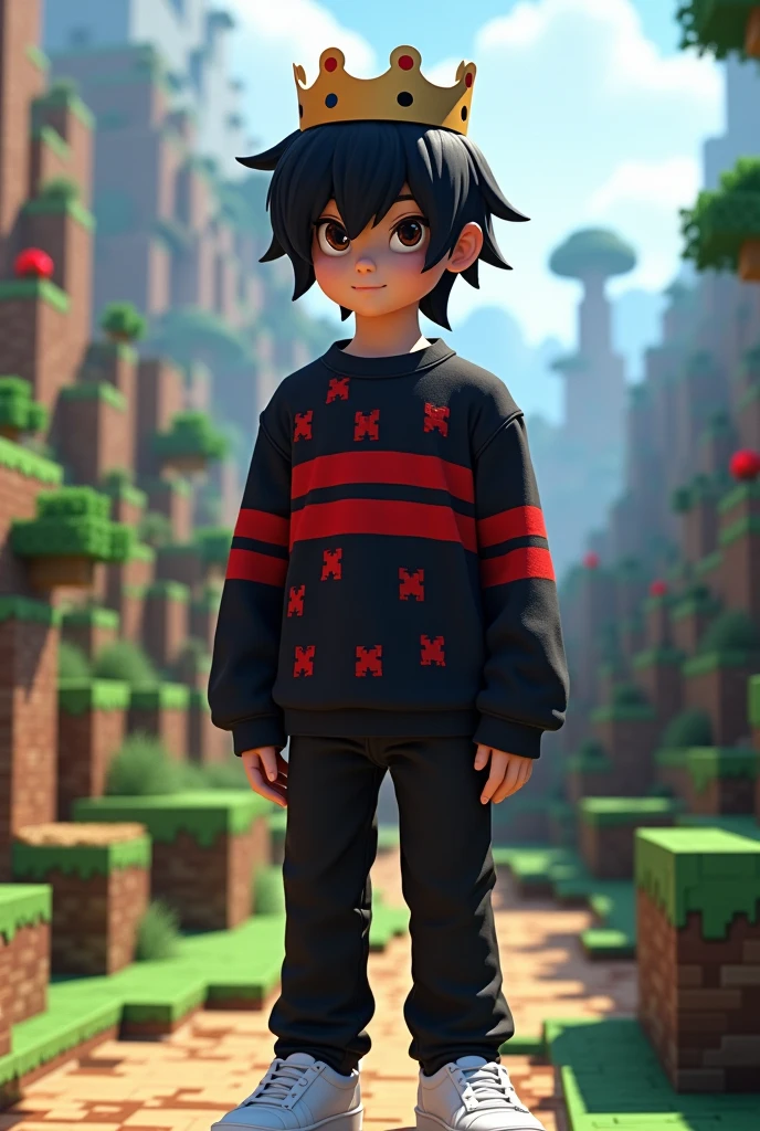 a character that has black hair with a crown a black sweatshirt with many red stripes teenager black pants white shoes Minecraft