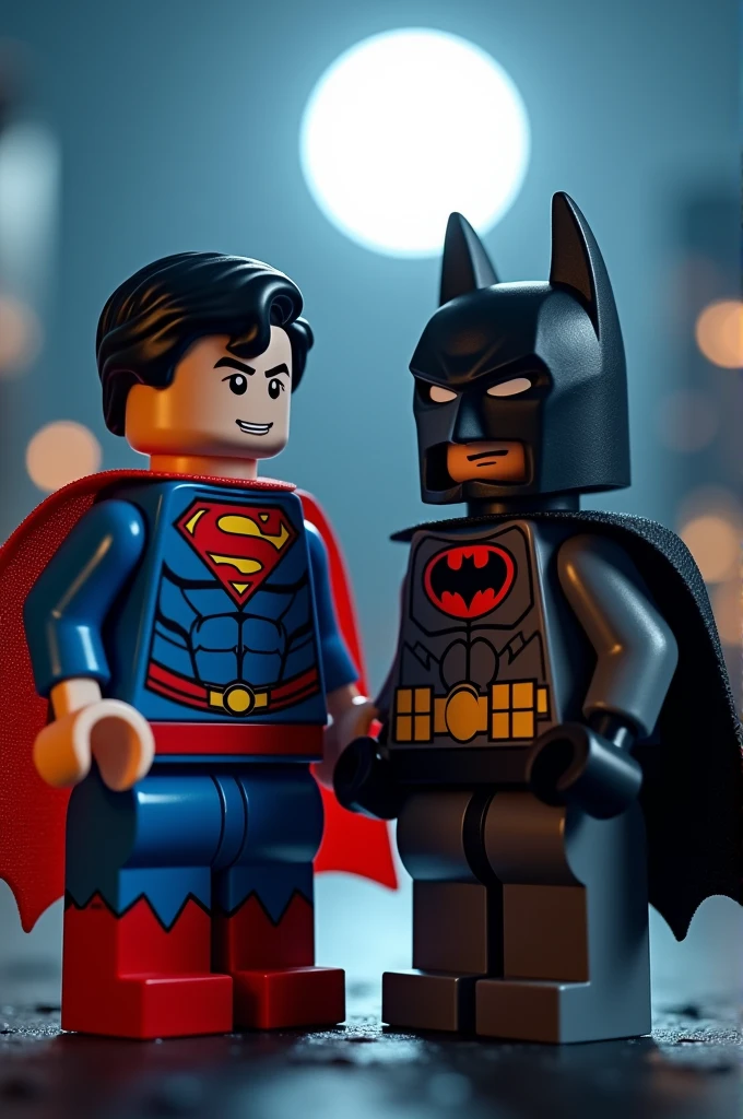 Superman and Batman in lego art, night