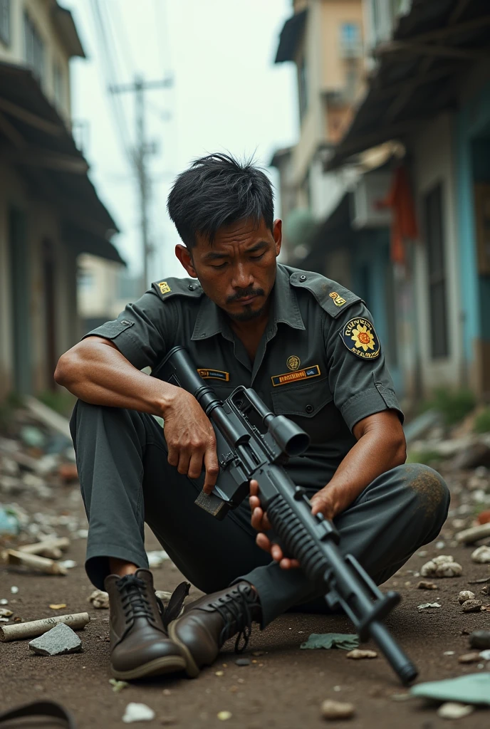 (photorealism:1.2), man, asian, philippine national police, with gun rifle, ruined clothes, dirty face, sitting in public place, dirty environment, outdoor, sad face, city of manila, tired pose, realistic, intricate details, warm colors, realistic, ultra realistic, 4k picture, textured skin, landscape
