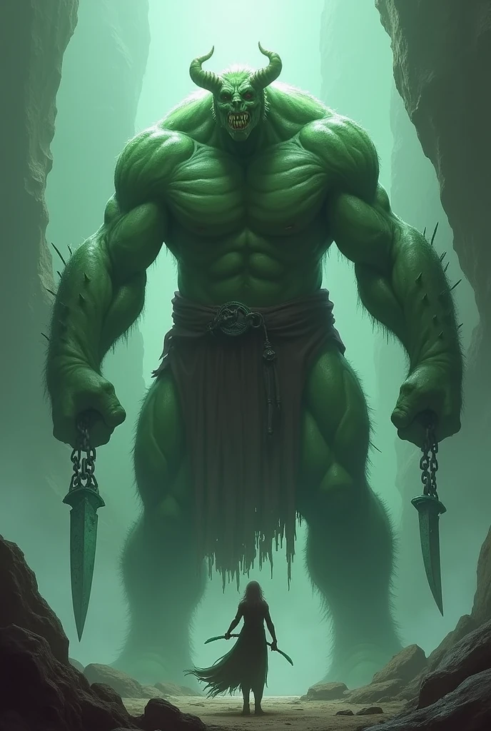Make a giant monster with slightly greenish skin, with two chains that have short and large jade swords. , He wore a tunic at his waist, no shirt