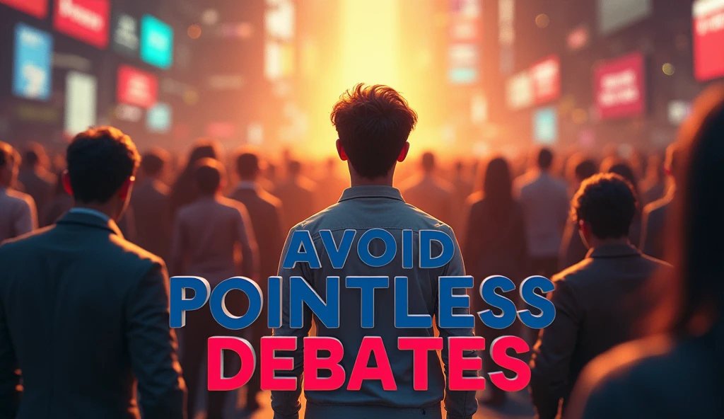 Someone who appears calm and focused amidst a crowd of people debating.
Standout Text Avoid Pointless Debates" with a bold font and striking colors.