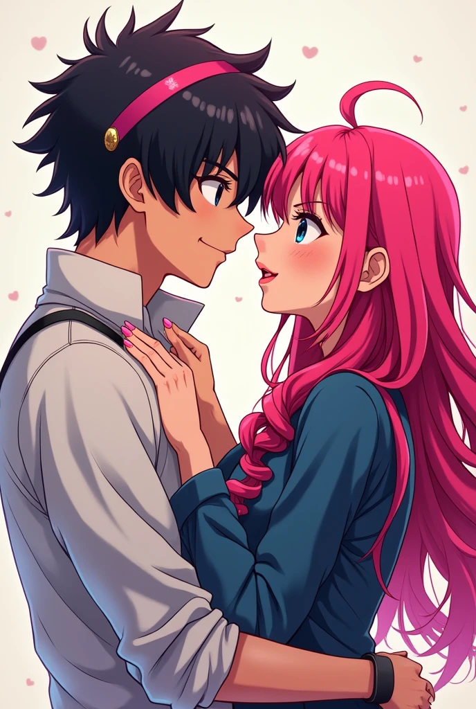 A fair-skinned girl with long hot pink hair with black tips and bangs, with a boy with black hair and a hot pink streak. , couple pose ,anime comic style