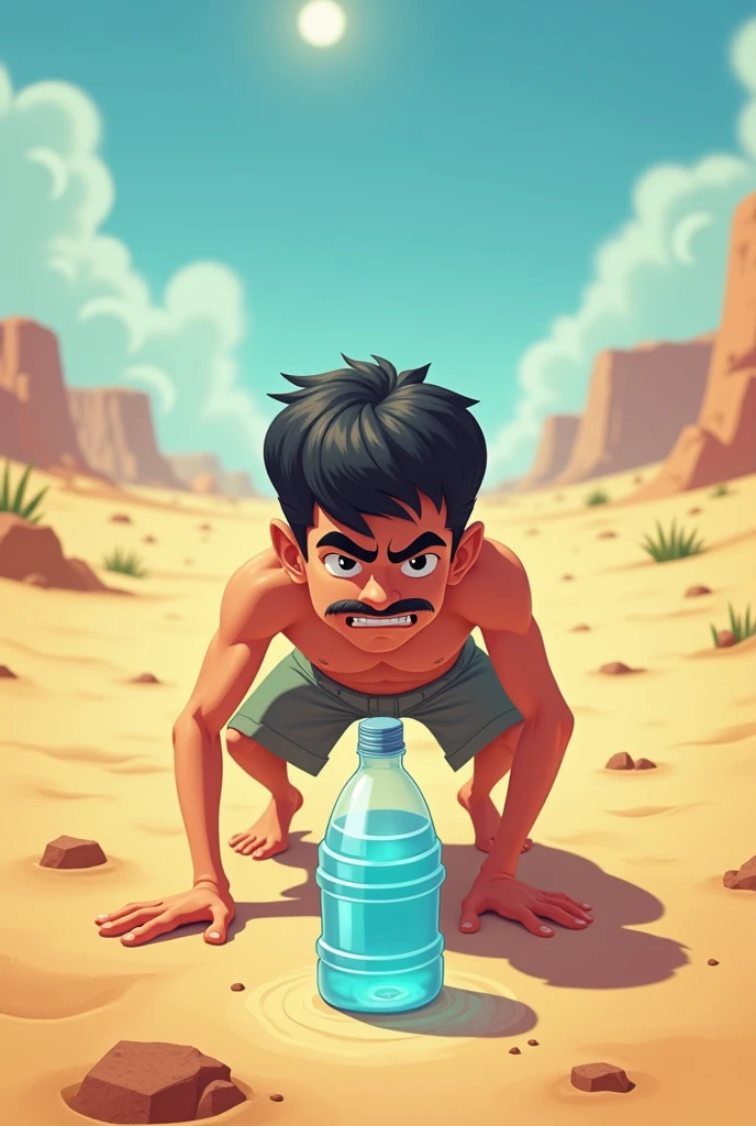 Raise a young white man, short, black haired and with a mustache, with a serious cartoon face. He&#39;s in the middle of the desert crawling to a bottle of water..