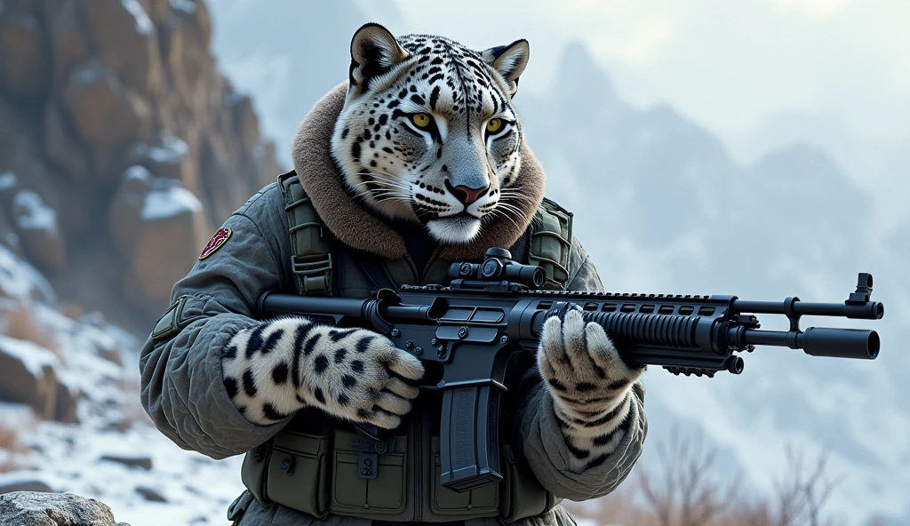 (masterpiece, best quality, photorealistic, ultra-detailed), snow leopard dressed in tactical gear, black ops, holding shotgun in hand, dynamic pose, natural lighting, perfect digital illustration