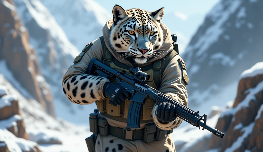 (masterpiece, best quality, photorealistic, ultra-detailed), snow leopard dressed in tactical gear, black ops, holding shotgun in hand, dynamic pose, natural lighting, perfect digital illustration