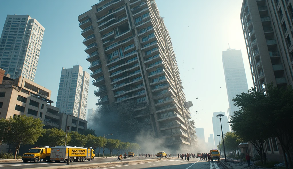 a modern apartment building is leaning and collapsing, exterior, daylight, cinematic style, real photo,