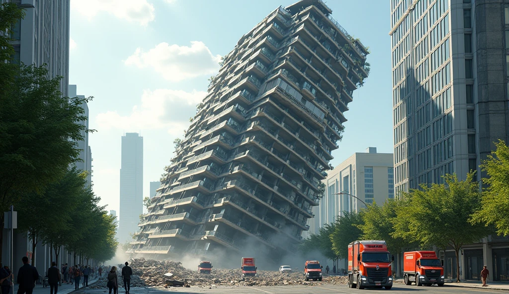 a modern apartment building is leaning and collapsing, exterior, daylight, cinematic style, real photo,