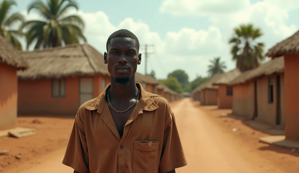 Narration: ane, un jeune homme noi 25 ans, vit dans un village béninois en proie à la pauvreté.
Prompt: Un jeune homme noir, Ae, marnt dans un petit village africain, avec des maisons en terre battue et des palmiers en arrière-plan, une expression de désespoir sur son visage.