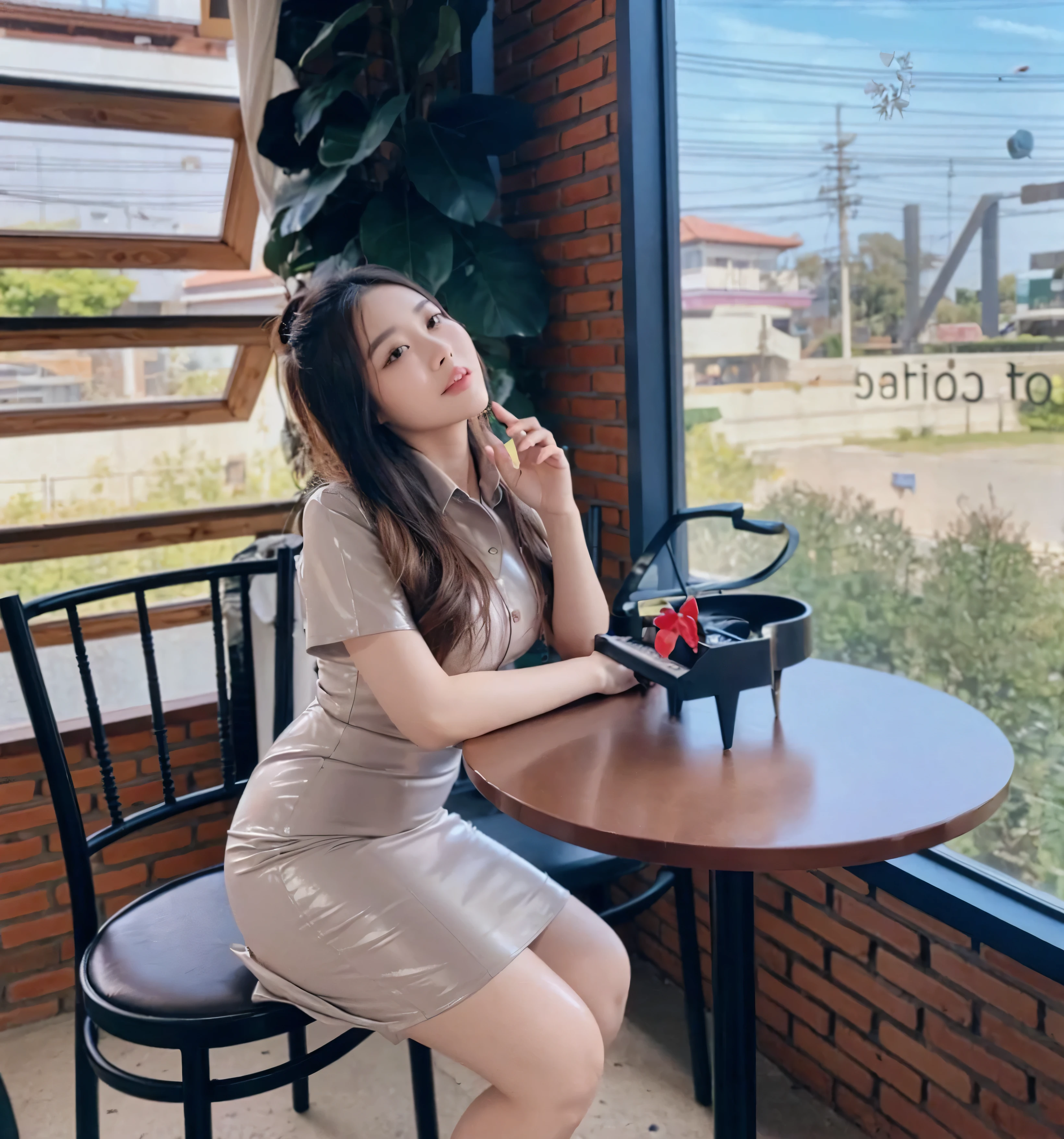 best quality, 8k, highly detailed face and skin texture, big booty long hair asian girl in blue short latex dress at balcony with sea view, looking at viewer, back view, sharp focus