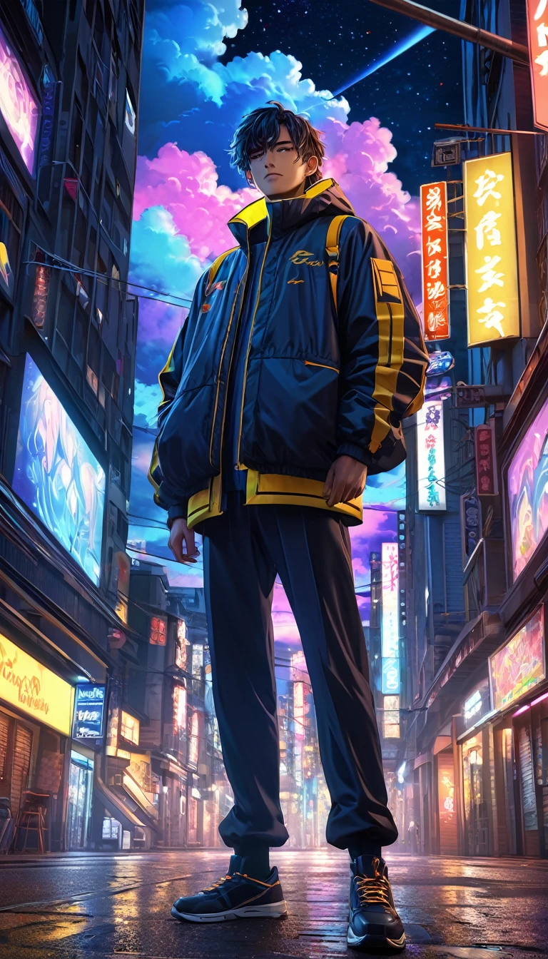 a man standing on a city street at night, beautiful starry night sky with large clouds, anime style, (best quality,4k,8k,highres,masterpiece:1.2),ultra-detailed,(realistic,photorealistic,photo-realistic:1.37),glowing neon lights, dramatic lighting, dramatic shadows, cinematic composition, highly detailed facial features, mesmerizing expression, detailed clothing folds, moody atmosphere, vibrant colors