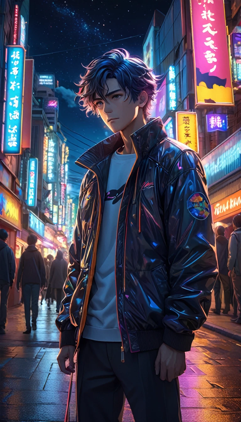 a man standing on a city street at night, beautiful starry night sky with large clouds, anime style, (best quality,4k,8k,highres,masterpiece:1.2),ultra-detailed,(realistic,photorealistic,photo-realistic:1.37),glowing neon lights, dramatic lighting, dramatic shadows, cinematic composition, highly detailed facial features, mesmerizing expression, detailed clothing folds, moody atmosphere, vibrant colors