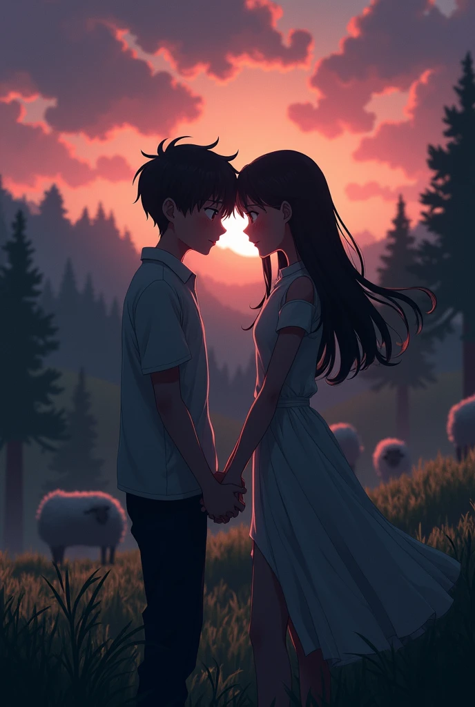 hermosa iluminación, couple touch hands, anime dark, love, minecraft, sheeps