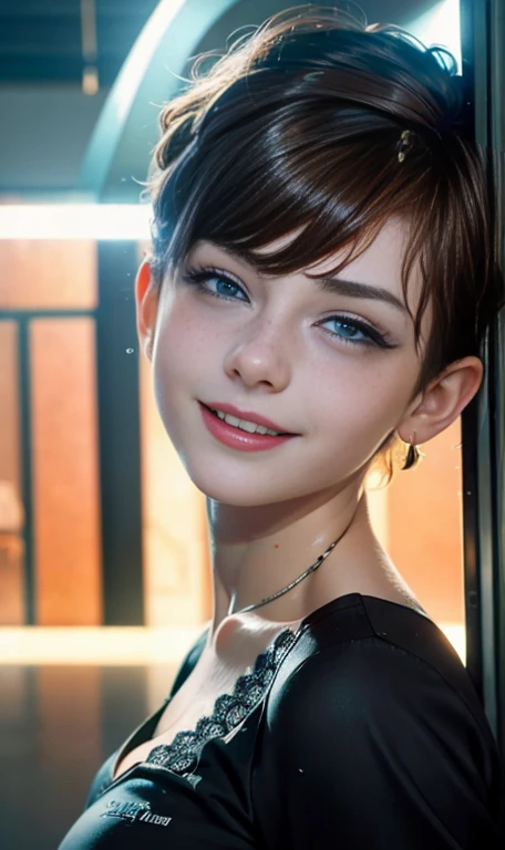 Photo of a 15 year old American girl., .raw, beautiful woman,  light brown hair pixie , pixie hair cut , Light brown hair((portrait)), ((detailed face:1.2)), ((detailed facial features)), (Piel finamente detallada), Pale skin , freckles on cheeks , blue eyes , 、a sexy one(color fresco), wet, wet, Nice piece reflector) (proporciones perfectaotos realistas)(The best quality) (detailed) fotografiado con una EOS R5 de Canon, 50mm lens, f/2.8, NffSW, (8k) (wallpaper) (cinematic lighting) (Dramatic lighting) (Sharp focus) (Convoluted) big breasts , big breasts , freckles on cheeks , Whole body , beautiful teenage body , posing sexy to the camera , posing from the front for the camera ,cute makeup , big smile , open lips , fondo variado , black cowboy suit