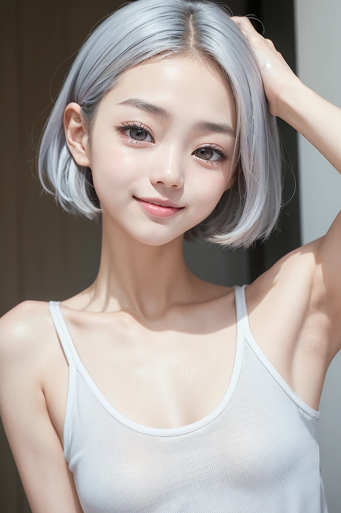 armpits,Create a photo of a korean Asian ager,((beautiful cute idol girl:1.5)), silver hair,14yorow eyes:1.5,slim face,slim neck,((thinbody:1.5)),white tite tanktop,((rasping)),((frat chest)),((clavicle)),((Narrow eyes:1.5))、((Narrow eyes:1.5))、(Thin arms)、(Thin neck)、(Thin lips)、Smile、Beautiful armpits:1.5,Sticking out a long tongue、Open your mouth、Cute expression、Hairless、((slimarms:1.5)),small face:1.4