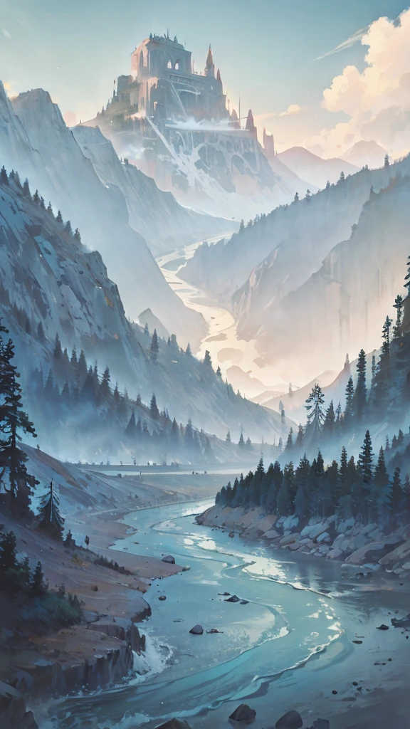 River flowing through a giant skull that is in a mountain 