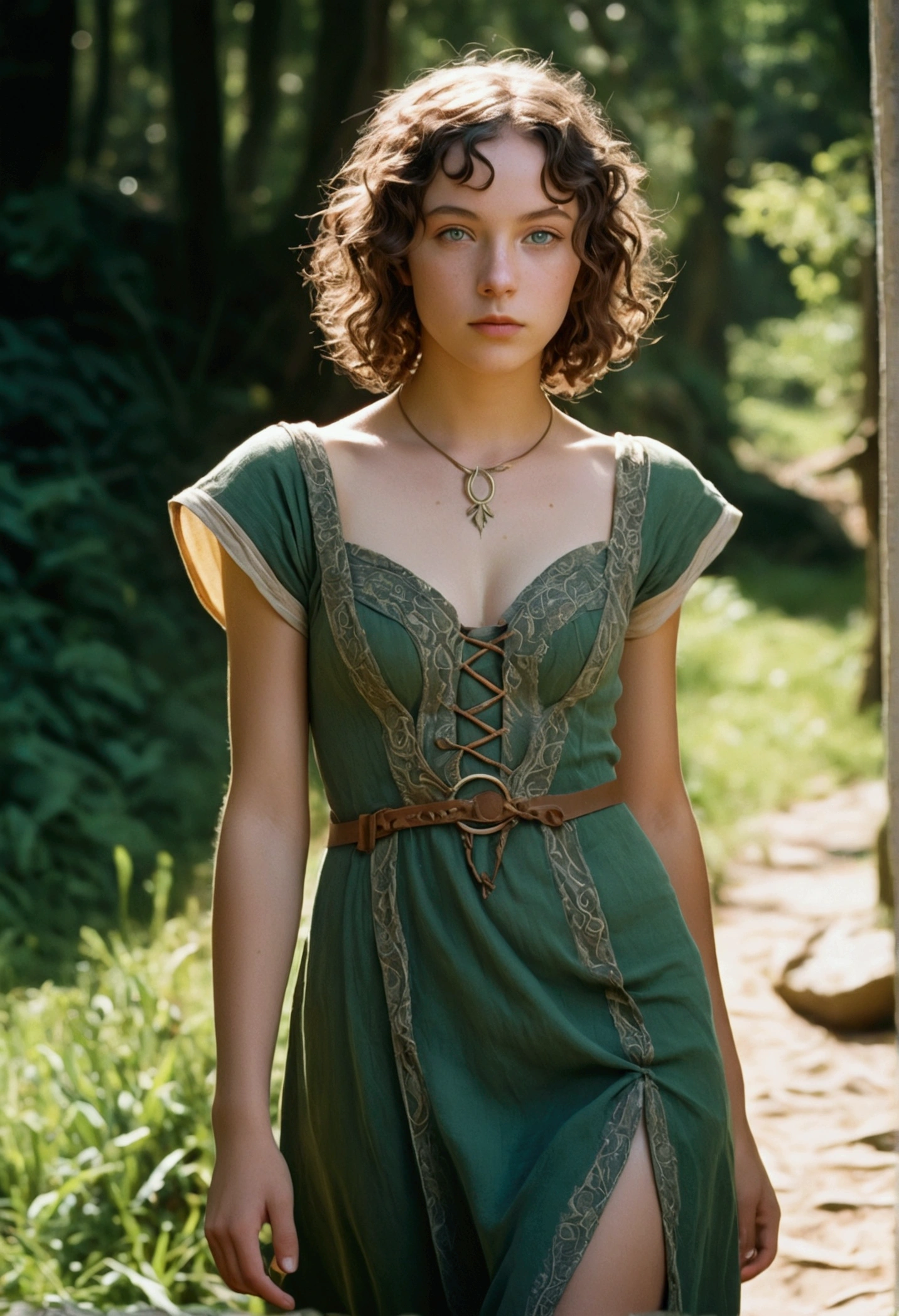 analog film photo, photo of a young elven girl, 18 years old, elf ears, jade eyes, curly brunette bob cut, brown freckled complexion, Amazonian stature, voluptuous hourglass figure, busty bosom, narrow waist, full hips, big plump buttocks, wearing a linen sun dress, strolling through a sunny fantasy landscape, RAW Photograph, dslr, soft lighting, high quality, film grain, Fujifilm XT3, detailed skin with visible pores, insane details, masterpiece, 8k, 35mm photograph, dslr, kodachrome, faded film, desaturated, grainy, vintage, Lomography, stained, highly detailed, found footage, close-up shot, elven ears