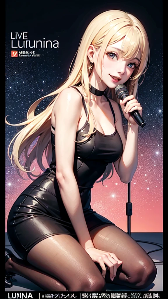 Blonde long hair high school girl,Red eyes, smile,Live Announcement Poster,Poster with logo"Lumina Live",sing,Bust Shot