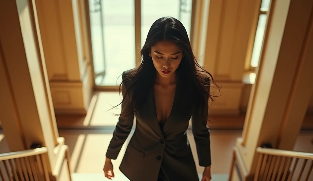 top view, a beautiful Korean woman with long black hair girl, wearing suit, going up stairs, in building, daylight, cinema style, real photo, close up,