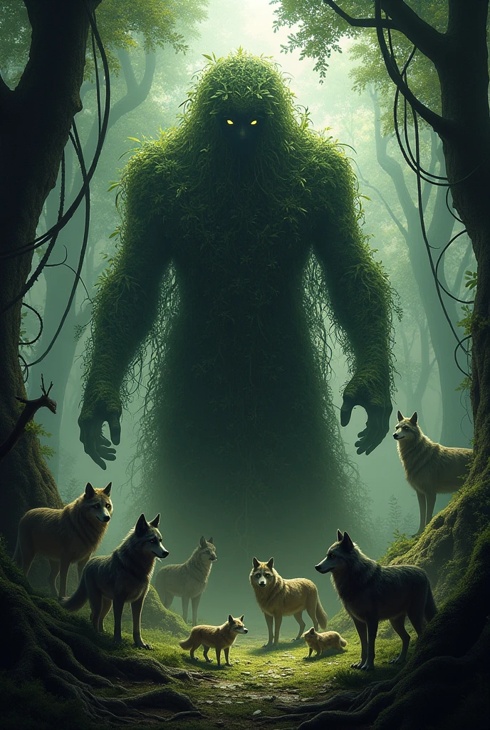 Create the legend of the scary bush father surrounded by animals