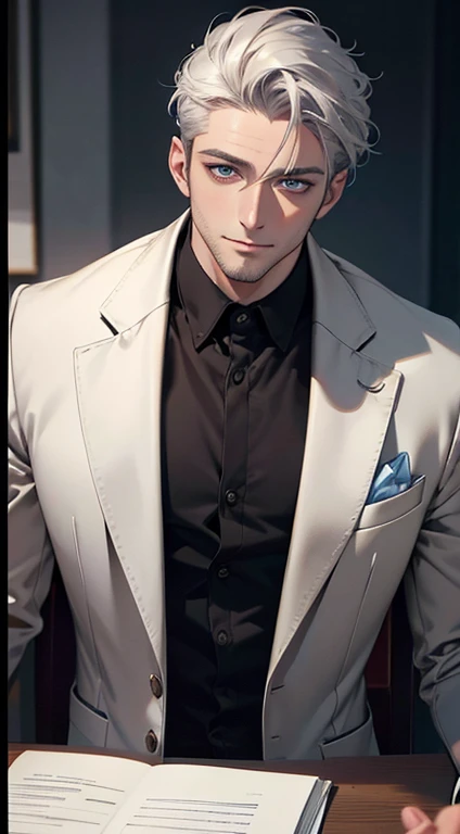 (best quality,4k,8k,highres,masterpiece:1.2),ultra-detailed,(realistic,photorealistic,photo-realistic:1.37),1 man,31 years old,mature man,very handsome,without expression,smile,short grey silver hair,blue eyes,penetrating gaze,perfect face without errors,imposing posture,businessman,office background,cinematic lighting,hdr image