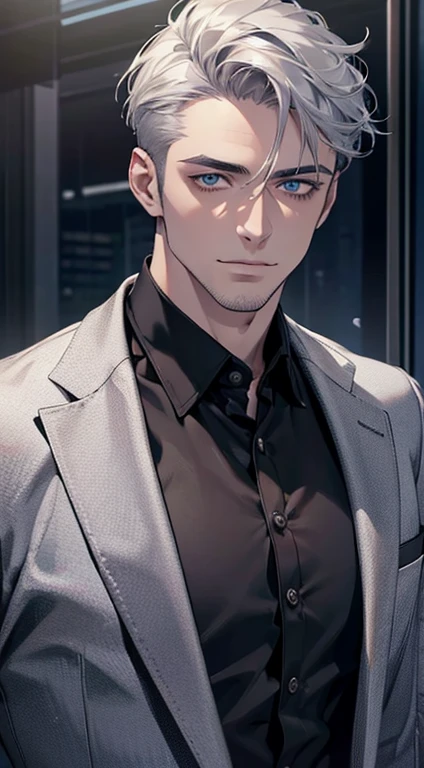 (best quality,4k,8k,highres,masterpiece:1.2),ultra-detailed,(realistic,photorealistic,photo-realistic:1.37),1 man,31 years old,mature man,very handsome,without expression,smile,short grey silver hair,blue eyes,penetrating gaze,perfect face without errors,imposing posture,businessman,office background,cinematic lighting,hdr image