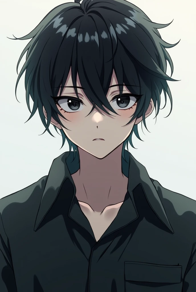((best quality)), (((masterpiece)), (detailed), very young 19-year-old male, pale skin, has dark circles, has big black hair with faded ends, black eyes, overzise shirt, front profile picture, Anime. Genshin impact style