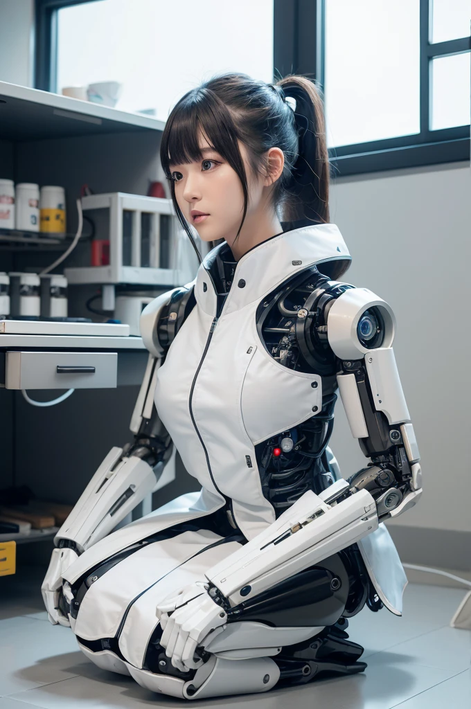 masterpiece, best quality, extremely detailed, Japaese Cyborg Girl,Plump ,control panels,android,Droid,Mechanical Hand, ,clothes with a sense of mechanical technology, Robot arms and legs, Black Robot Parts,Black hair,Mechanical body,dress shirt,long vest,Blunt bangs,White abdomen,White robotics parts,perfect robot woman,future laboratory,cyber pank,charging spot,laboratory,long tube,thick cable connected her neck,kneel on the floor,bowing,ceramic body ,mechanical body,blue eyes,android,robot humanoid