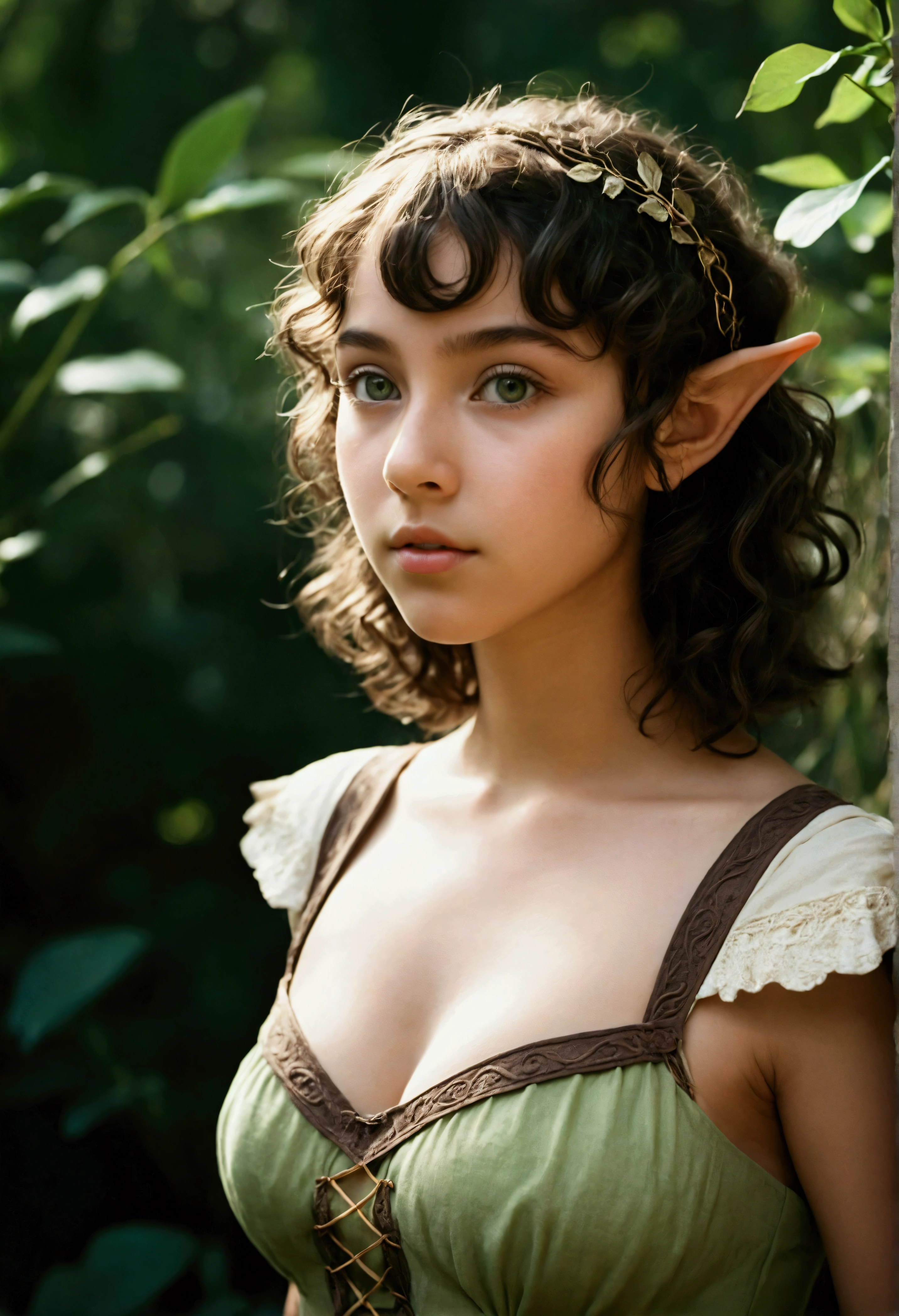 og film photo, photo of a young elven girl, 18 years old, elf ears, jade eyes, curly brunette bob cut, tan complexion, Amazonian stature, voluptuous hourglass figure, bustom, nawaist, full hips, big plump buttocks, wearnen sun dress, strolling through a sunny fantasy landscape, RAW Photograph, dslr, soft lighting, high quality, film grain, Fujifilm XT3, detailed skin with visible pores, insane details, masterpiece, 8k, 35mm photograph, dslr, kodachrome, faded film, desaturated, grainy, vintage, Lomography, stained, highly detailed, found footage, close-up shot, elven ears