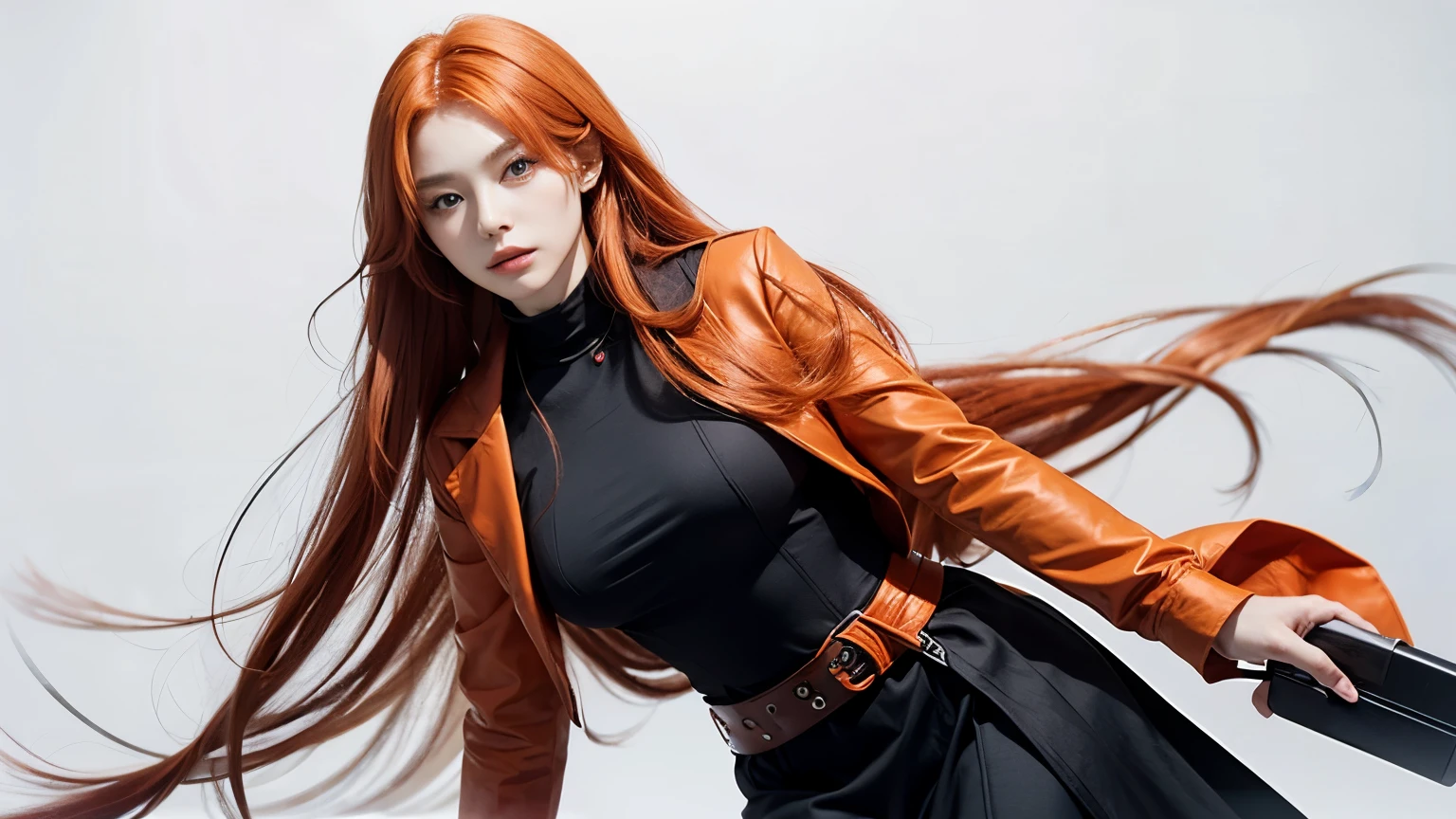 Woman with long orange hair、Wearing a red jacket、Rolling up his sleeves、Wearing a black tight dress、Wearing a belt around the waist、White background