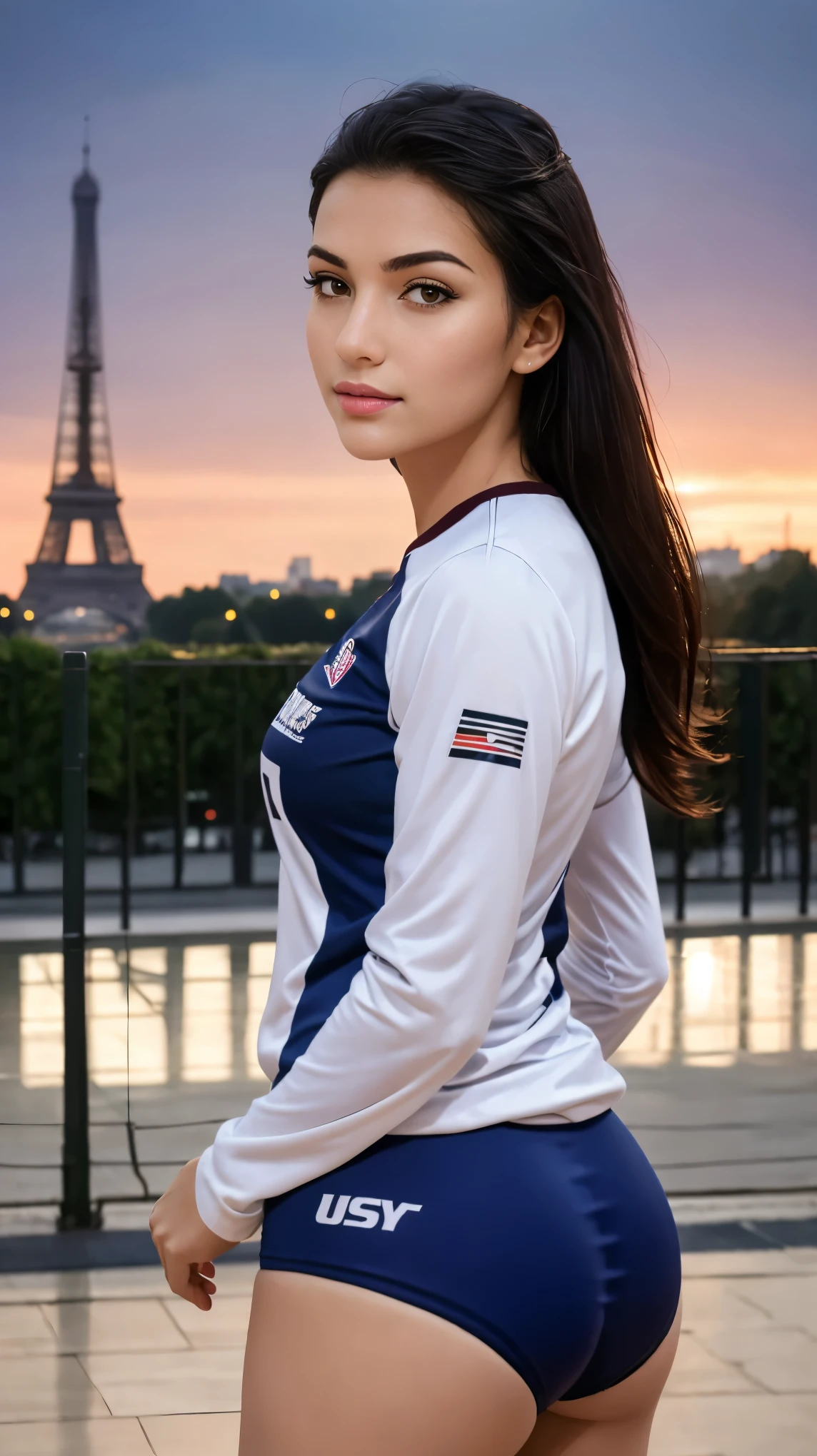 A stunning woman wearing a sleek UAS volleyball team uniform stands confidently, her gaze locking onto the viewer. Soft lighting accentuates her features as she poses in a Parisian setting, perhaps at the iconic Eiffel Tower or Champ de Mars, with the City of Light's skyline serving as a majestic backdrop