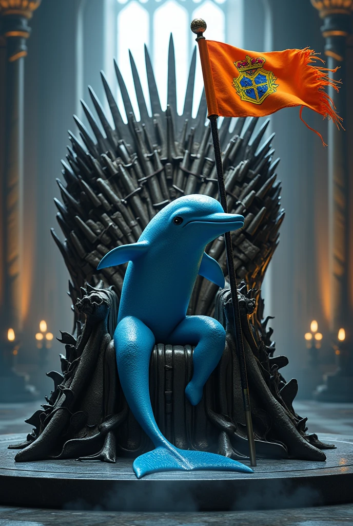 A dolphin sitting on the Game of Thrones throne, holding a Fluminense Football Club flag.