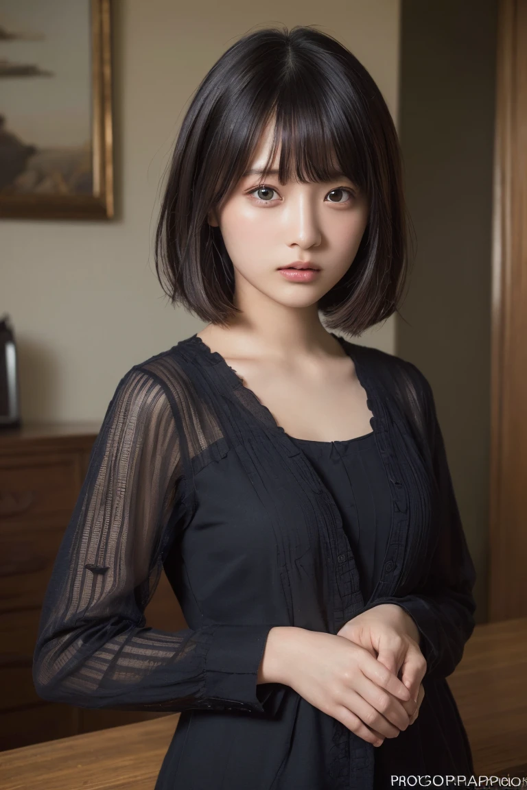 (Highest quality:1.4),(masterpiece:1.4),(Realistic:1.4),(Realistic:1.2),(超High resolution, RAWphotograph:1.4),(High resolution, Very detailed:1.2),(8k:1.2),photograph,黒髪のphotograph,Her hairstyle is a short bob with bangs....,one person&#39;s,alone,(Sister),((Upper Body:1.3))