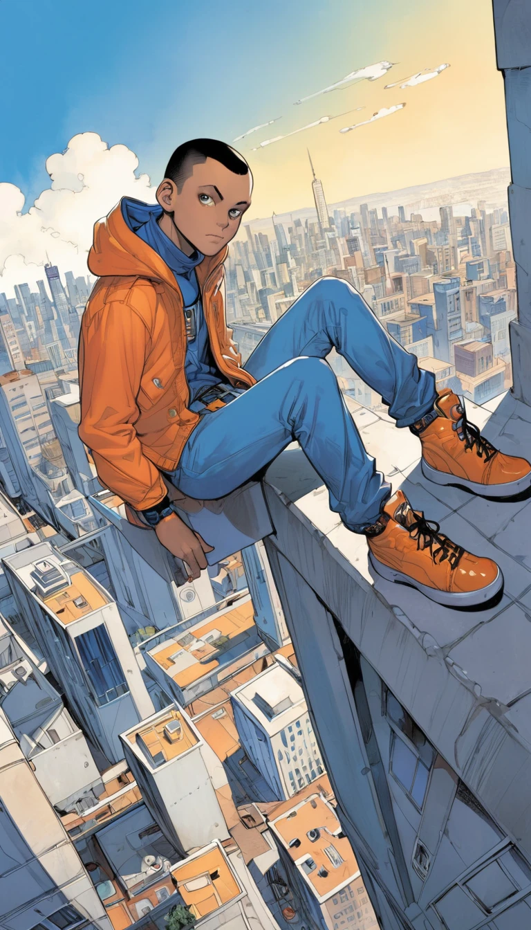 the young man is sitting on the ledge looking at the cityscape, in the style of jeff lemire, afrofuturism, frank quitely, light orange and indigo, saurabh jethani, aerial view, ashcan school --ar 8:5 --v 5.2