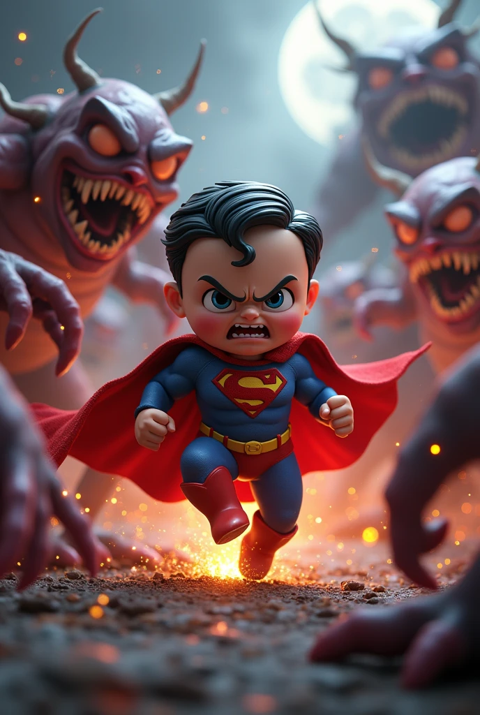 can you generate a 3D animated image of angry Baby Superman kicking action hitting monsters engaging background.