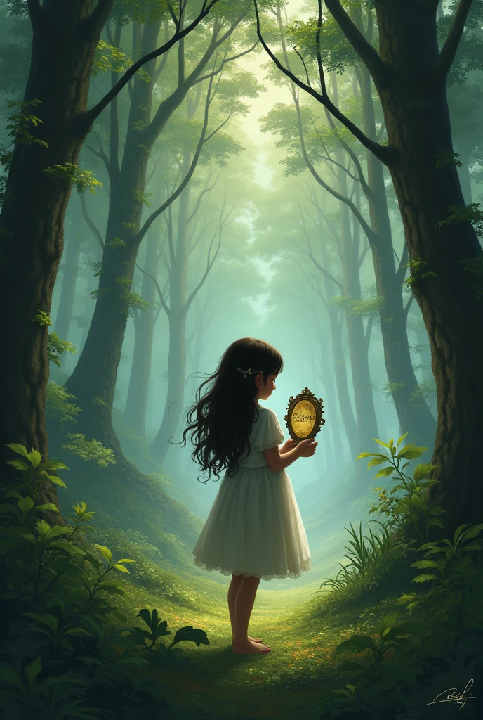 make a poster about a girl facing back while holding a small mirror make it nice put a text stating Alamat ng Salamin the girl is in the forest 
